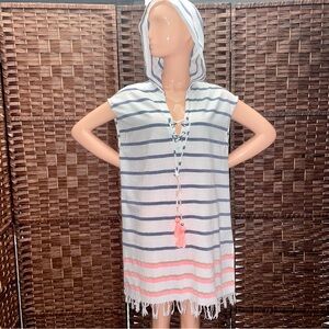 Blue Island Navy and White Striped Hooded Cover-Up, 100%Cotton, Size L.